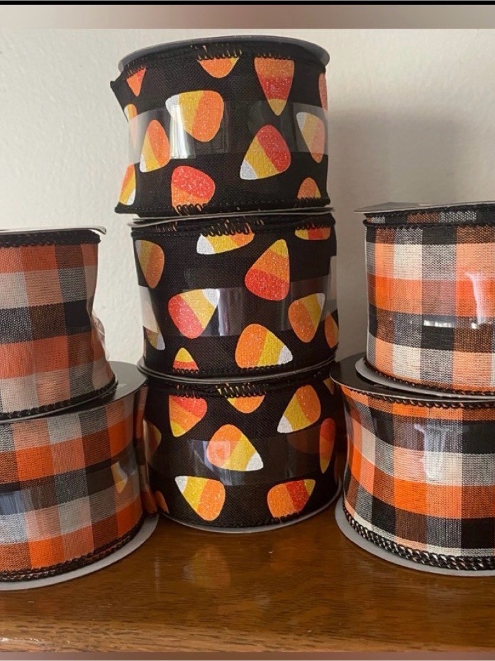 Halloween Candy Corn and Orange Plaid Ribbon Set - Black & Orange